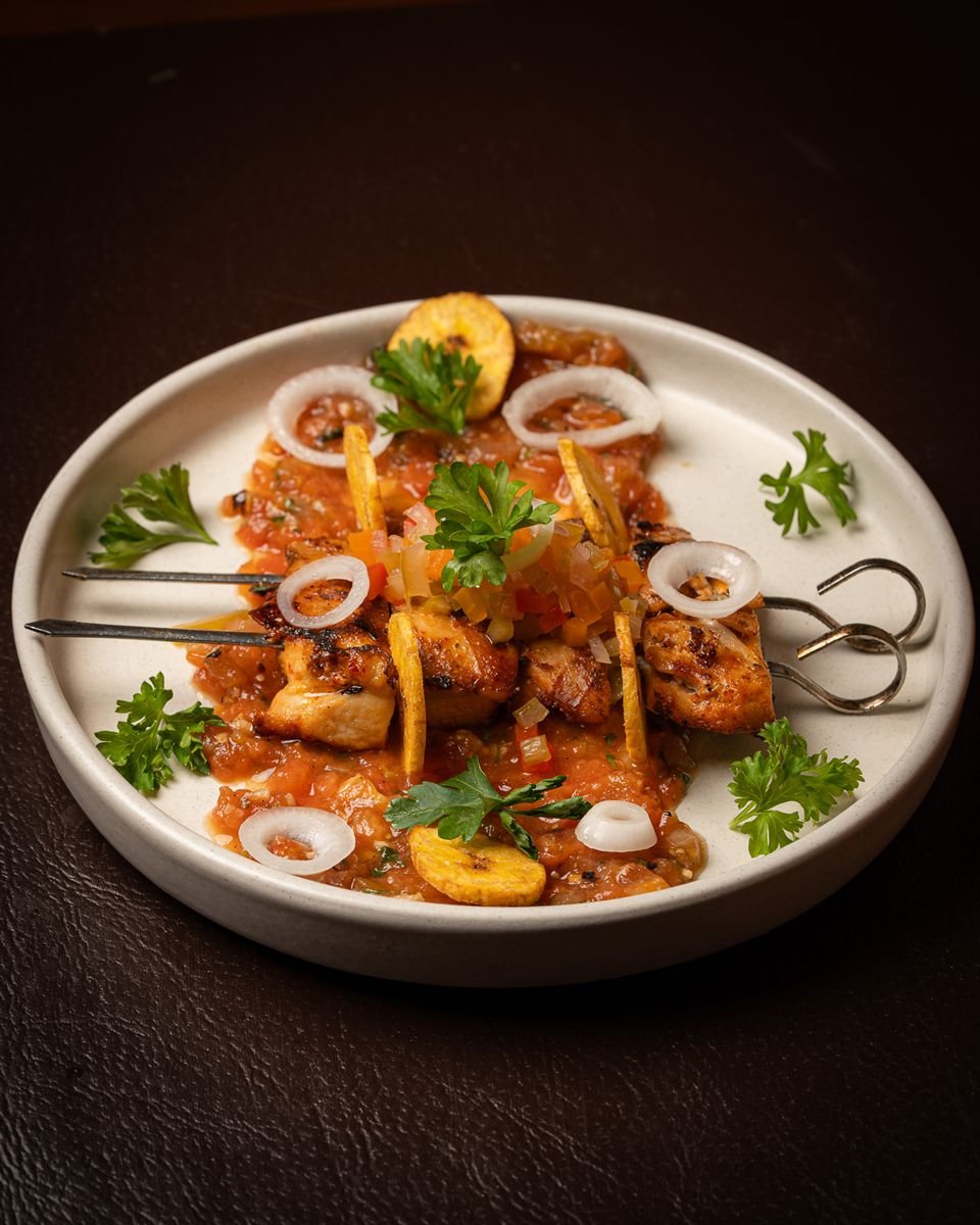 Grilled skewers with plantain chips at La Licor, Logan Square